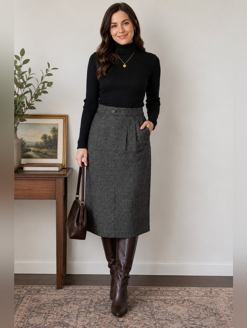 Lord Isaacs Black White Plaid Wool Blend Midi Pencil Skirt Size S - Picture 1 of 10